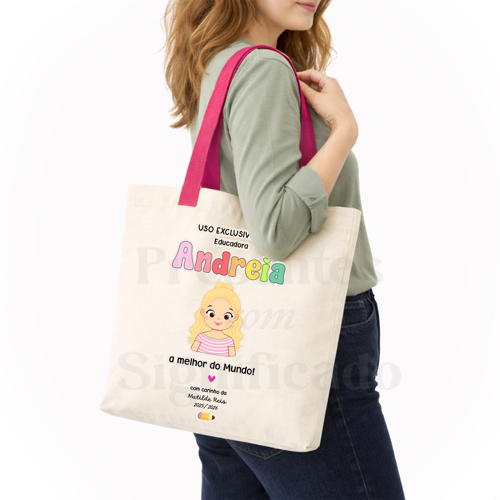 Saco/tote bag Mala tote bege com alças rosa e texto personalizado em cores variadas
