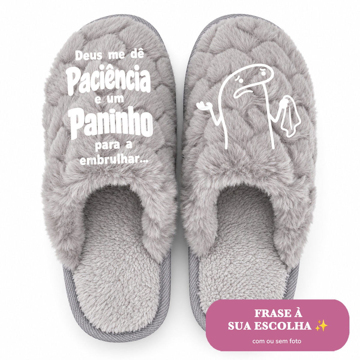 Chinelos de mulher cinza com pelo e corações (sola EVA) Chinelos cinza felpudos com texto em português e desenho