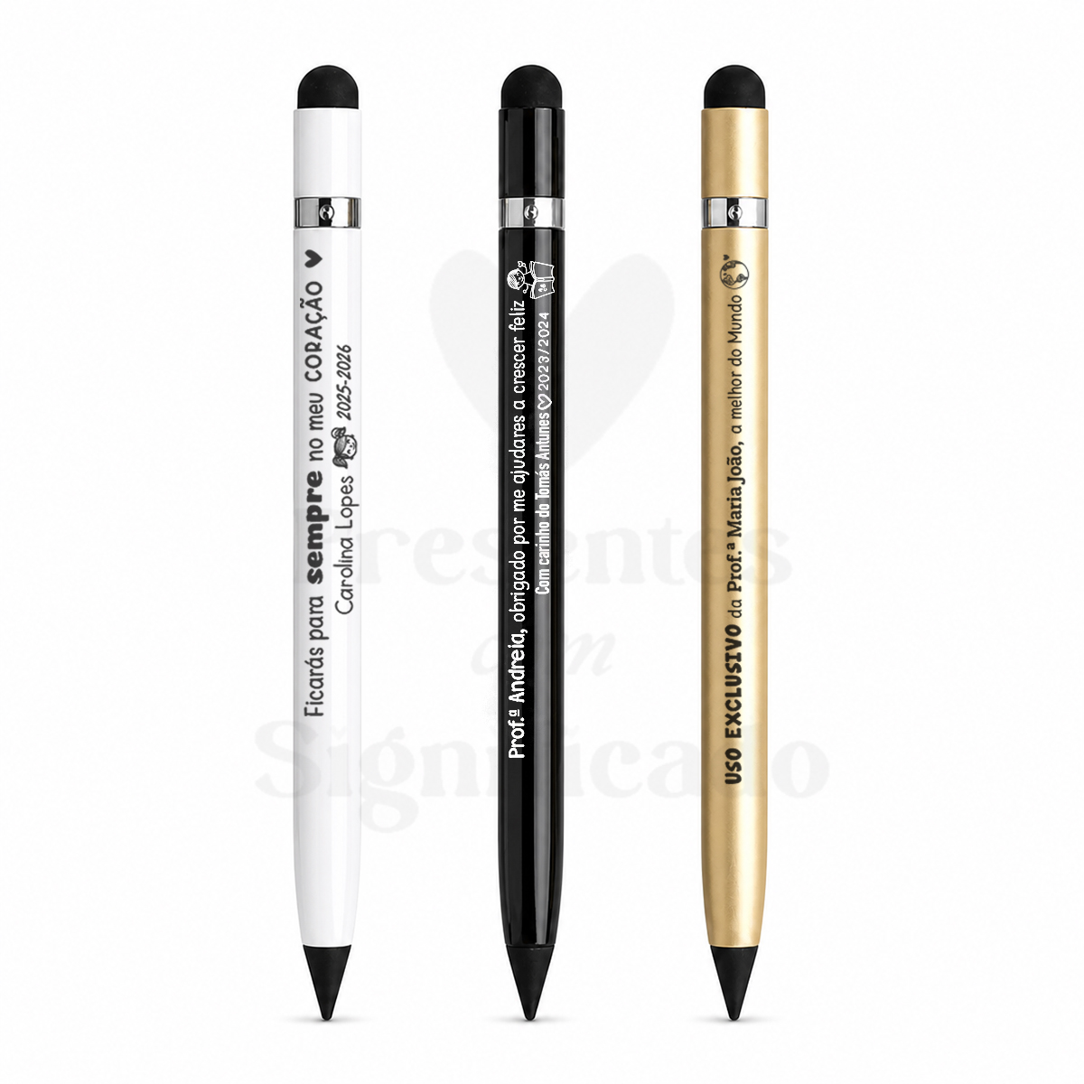 Lápis infinito Três canetas metálicas branco, preto e dourado com texto personalizado em português