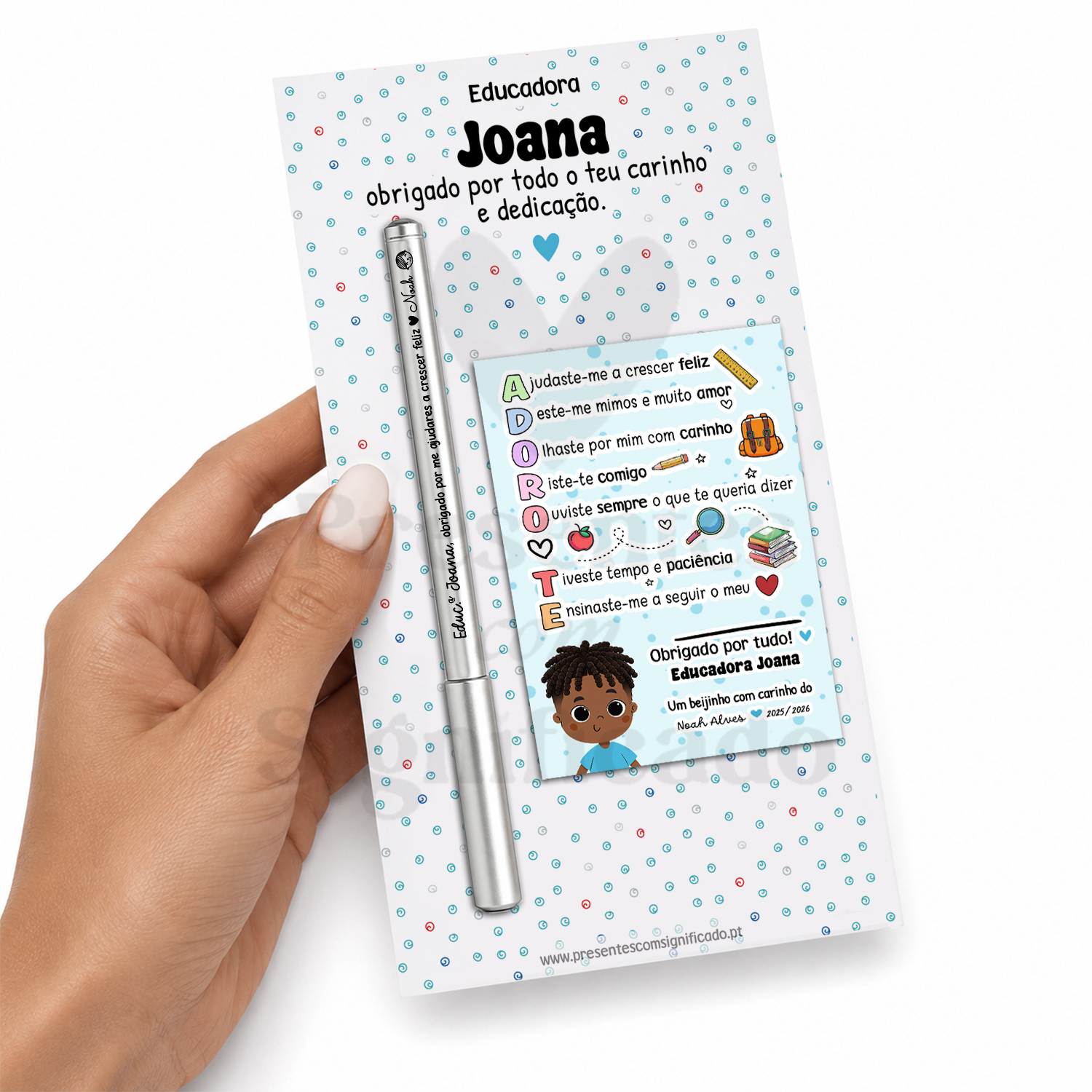 Kit Escolar - Caneta de gel e Íman Cartão com mensagem de agradecimento para educadora Joana e caneta prateada