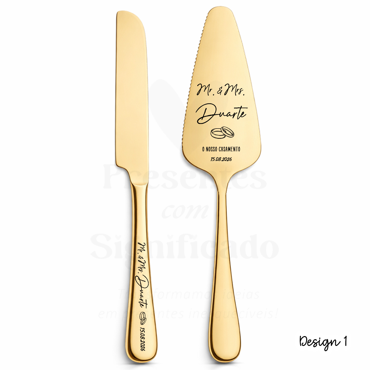 Conjunto de Pá e Faca para bolo (design 1) Conjunto faca e espátula dourados personalizados para casamento