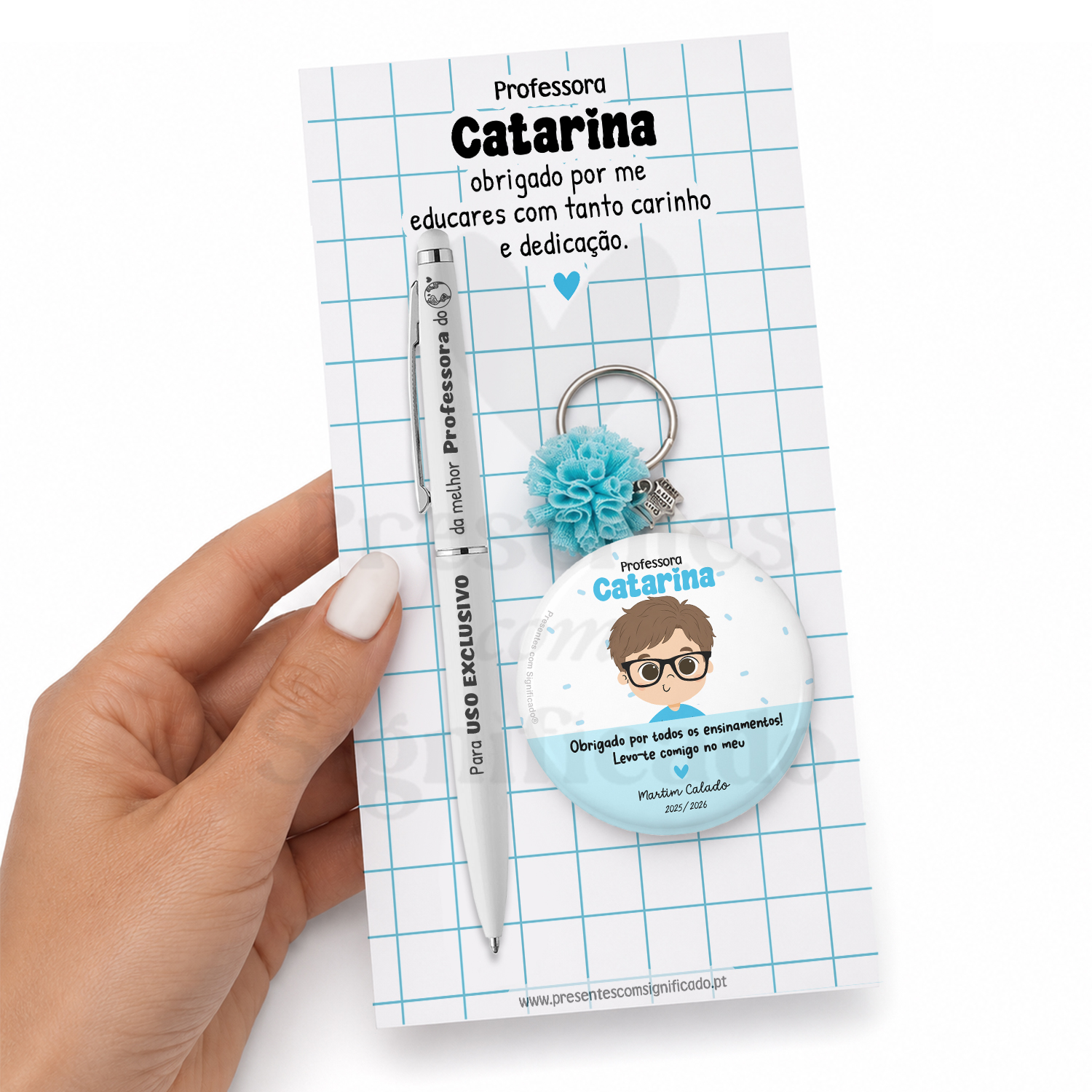 Kit Escolar - Caneta e Porta-chaves (ou íman) conjunto de presente para professora Catarina com caneta, pins e chaveiro