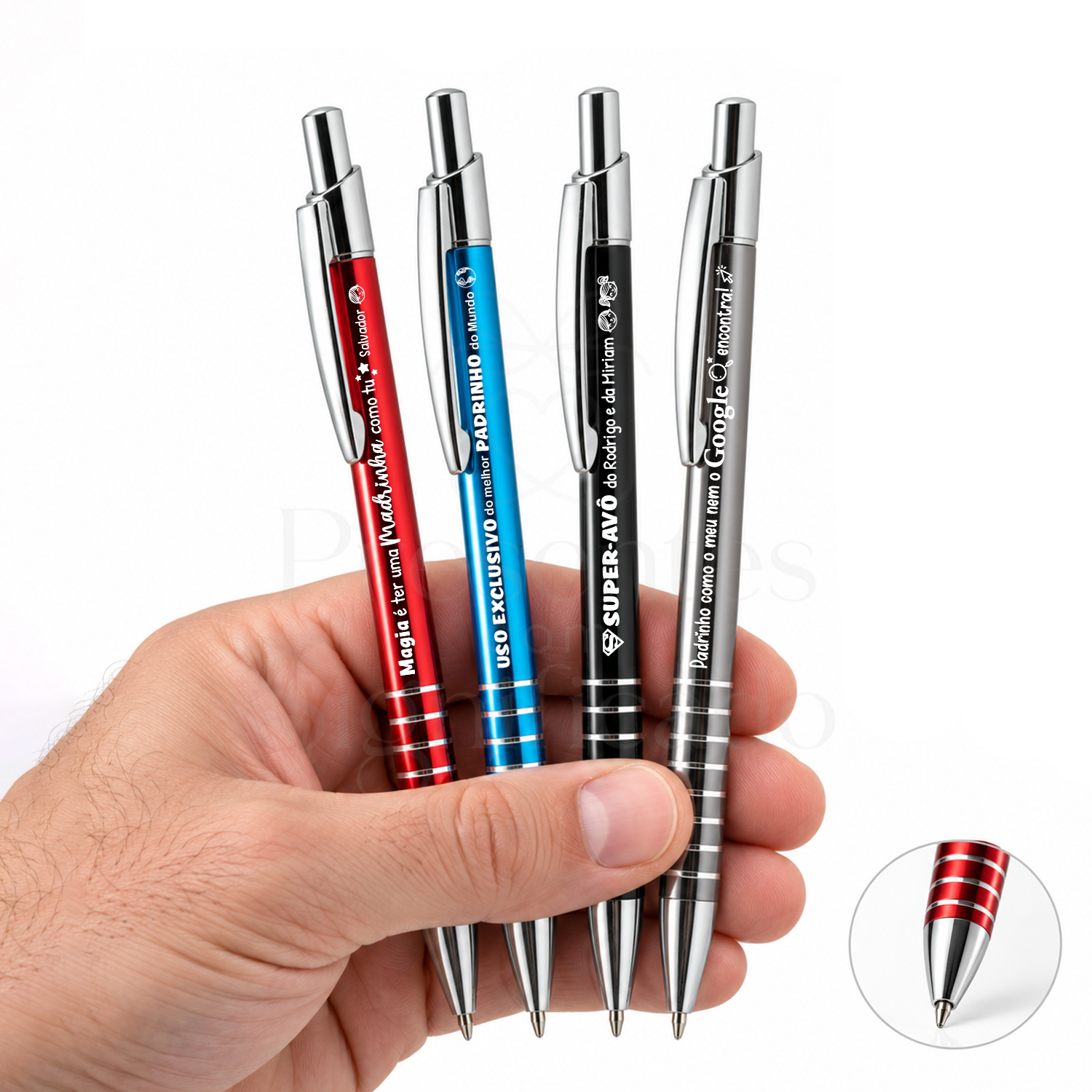 Caneta Personalizada em Metal com Sete Anéis Canetas metálicas coloridas com frases personalizadas em português