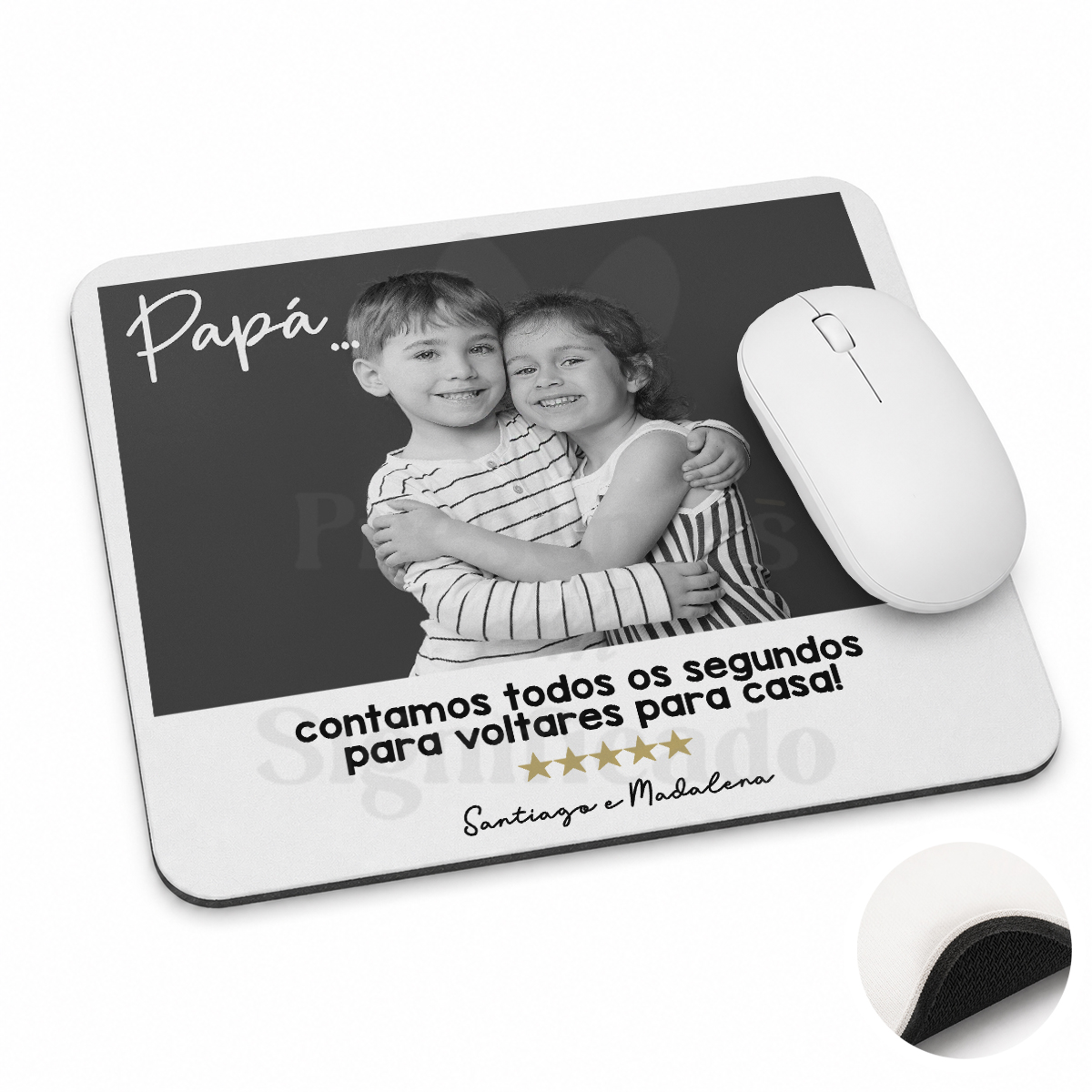 Tapete de rato - Pai, contamos todos os segundos para voltares para casa Tapete de rato com fotografia de crianças e texto dedicado ao pai