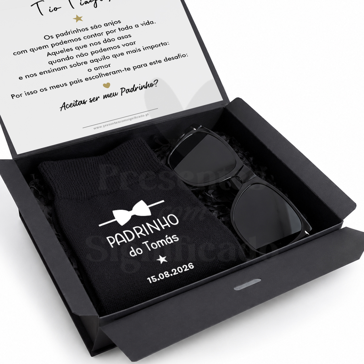 Gift box Masculina (convite) Caixa preta com meias personalizadas e óculos de sol junto de cartão