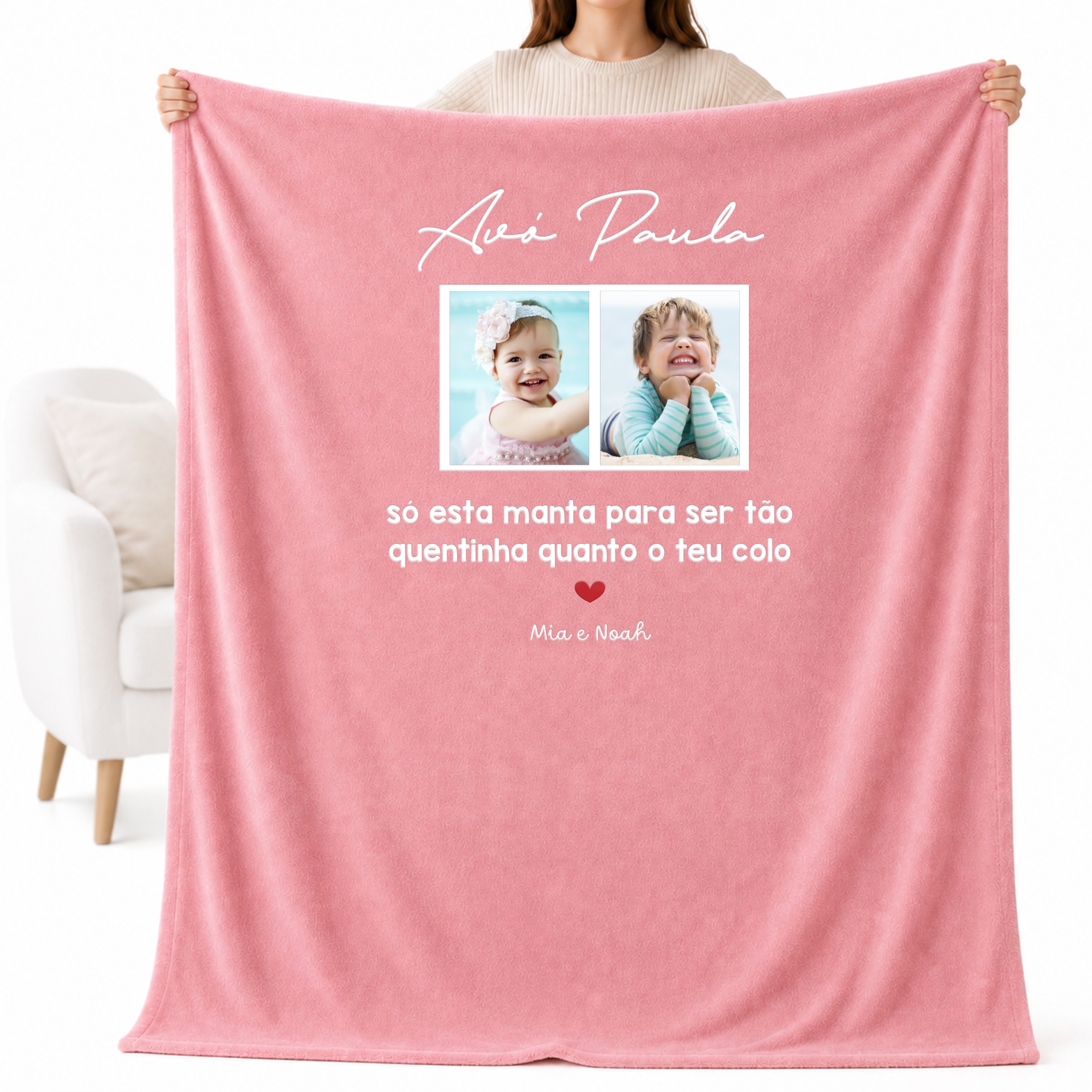 Manta polar personalizada (rosa) Manta rosa personalizada com fotos de crianças e texto em branco