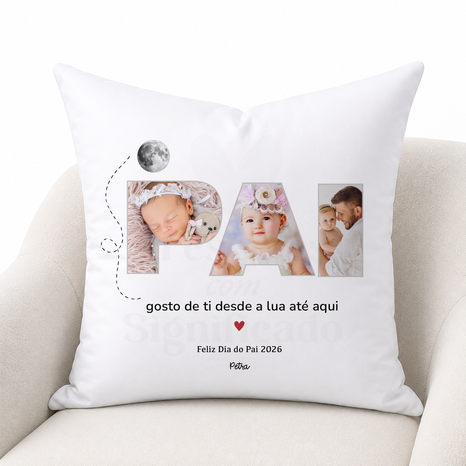 Fronha/Almofada com fotos e texto PAI Almofada branca personalizada com fotos e texto para o Dia do Pai
