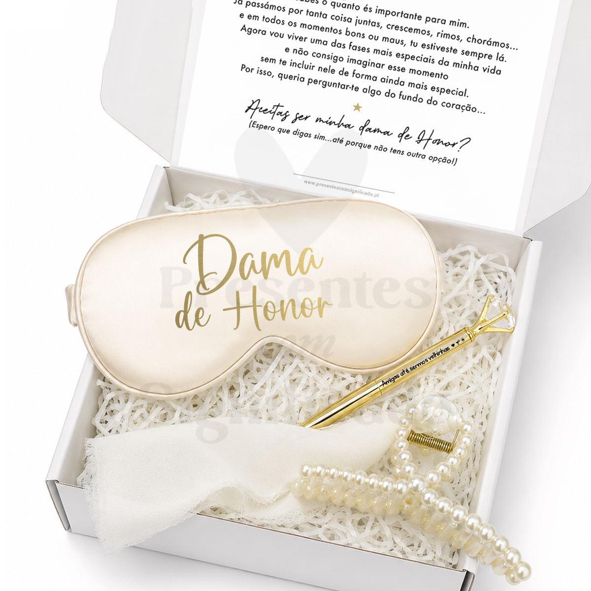 Gift box Feminina (convite) Kit Dama de Honor com máscara de dormir, caneta, lenço e mola de cabelo numa caixa branca.