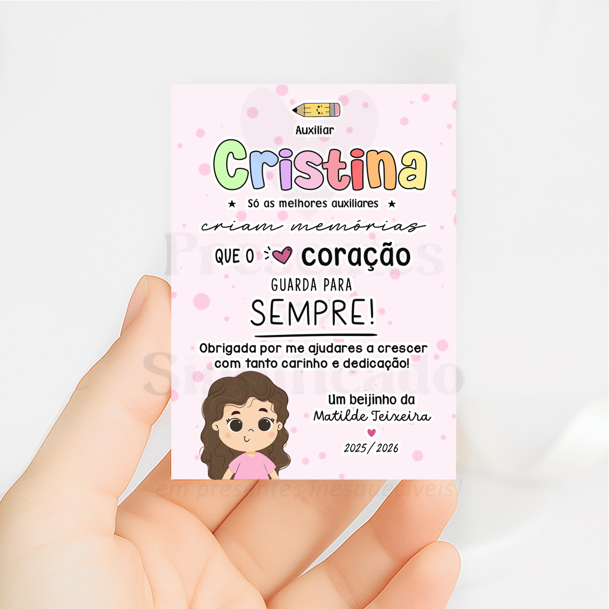 Íman retangular - Agradecimento Cartão de agradecimento rosa claro com texto colorido e desenho de personagem feminina