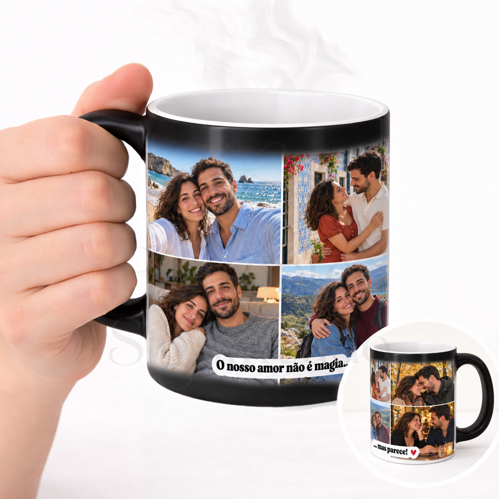 Caneca mágica c/ foto e texto Caneca preta e branca com fotos de casal e texto, com vapor a sair