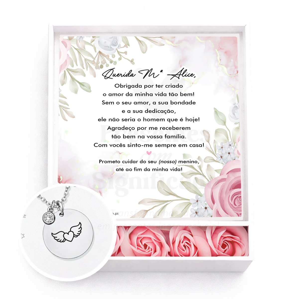 Gift box Feminina - Sogra Caixa presente branca com colar prateado e cartão decorativo floral com mensagem em português