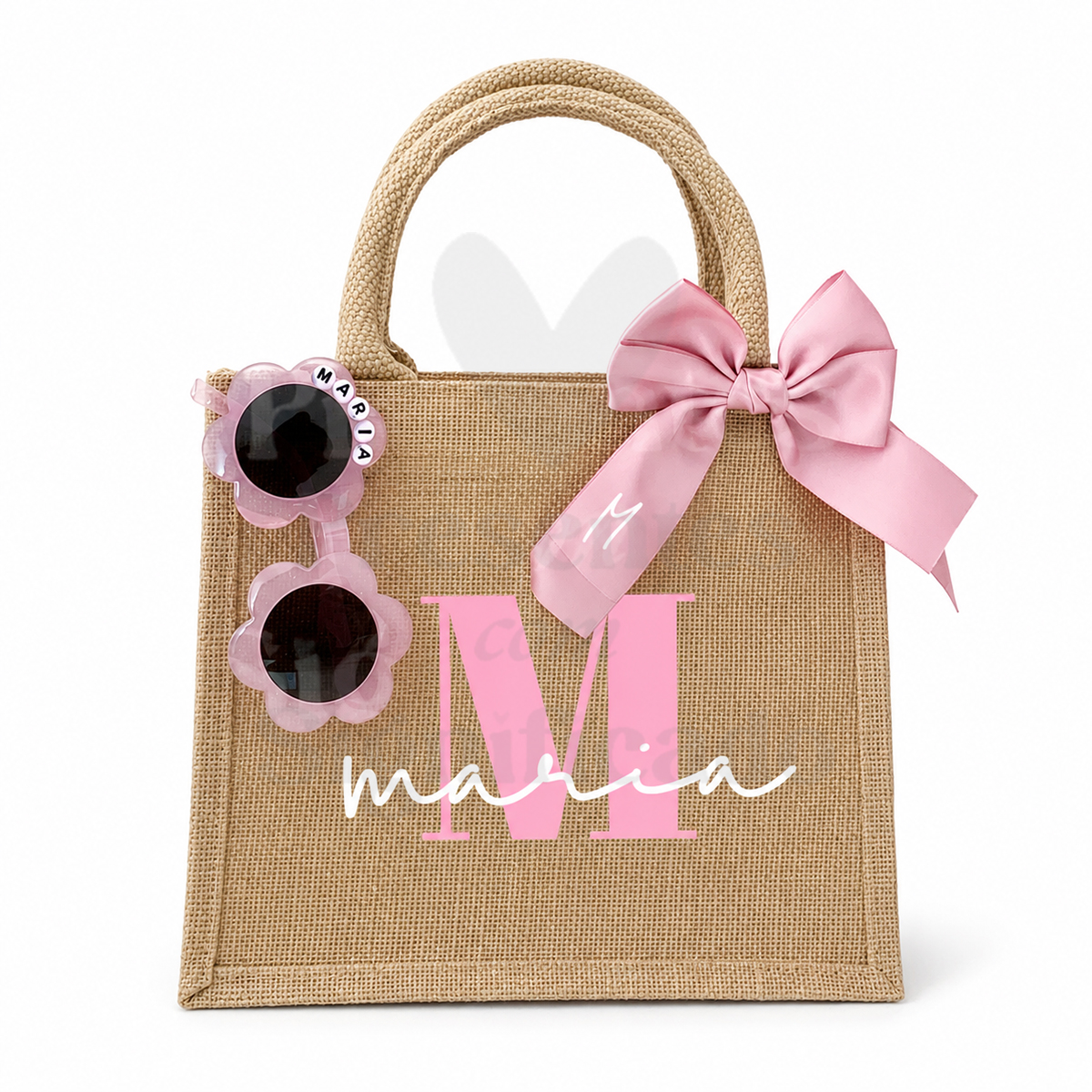 Kit Menina das alianças - Rosa Mala de mão de ráfia castanha com laço rosa e óculos de sol florais rosa