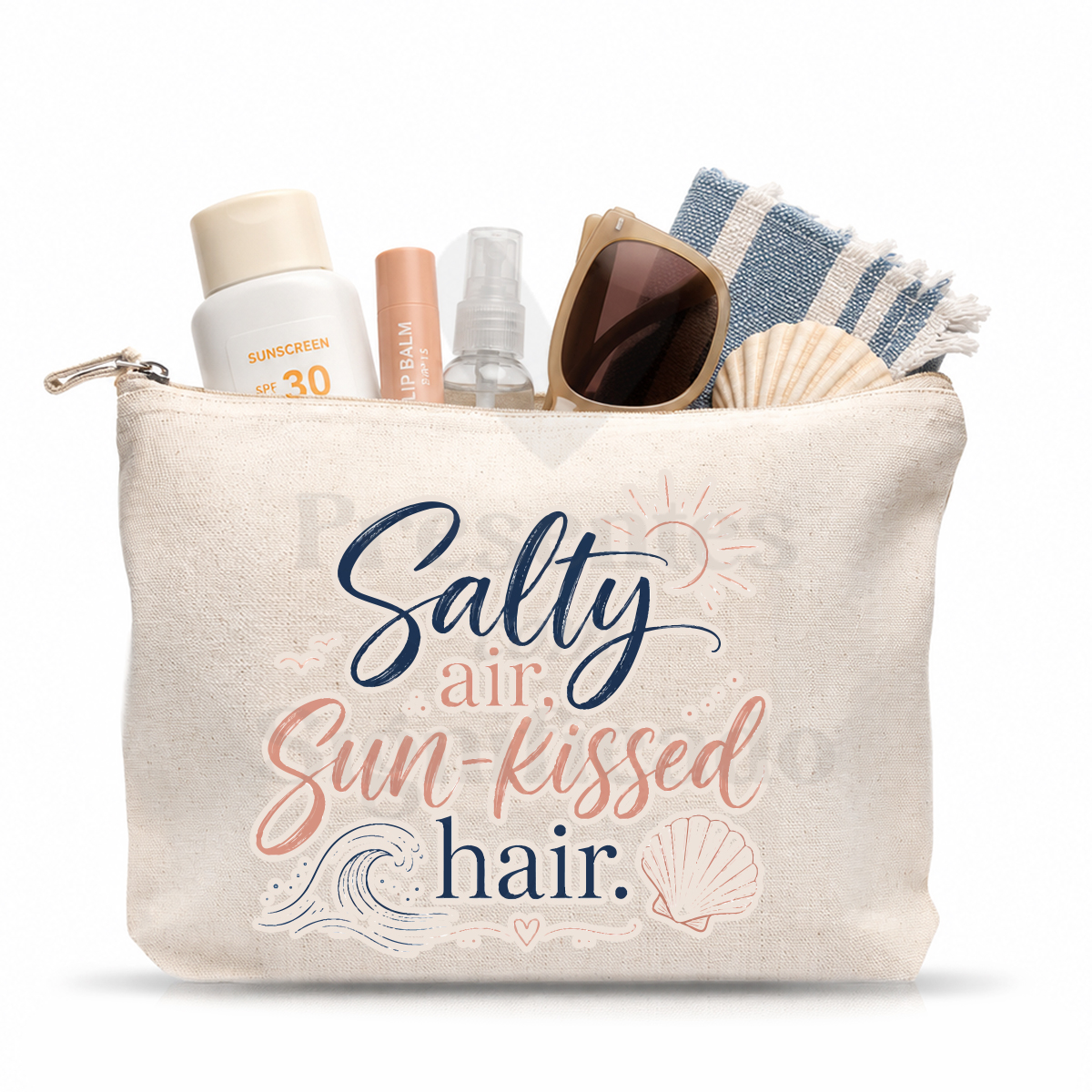 Bolsa de praia em algodão c/ texto Bolsa de tecido com itens de praia e frase inspiradora