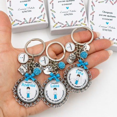 Porta-chaves personalizados com nomes e agradecimentos em medalhões decorativos