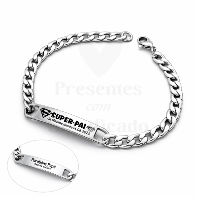 Pulseira prateada com gravação personalizada para pai