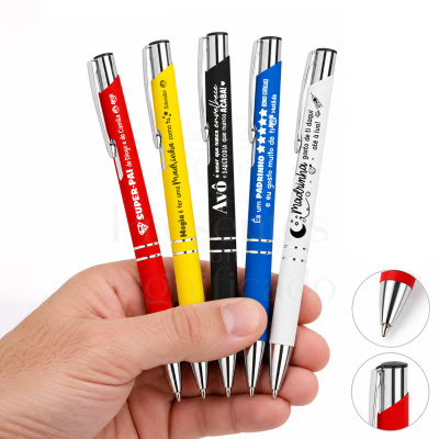Conjunto de cinco canetas metálicas coloridas com gravações personalizadas em português