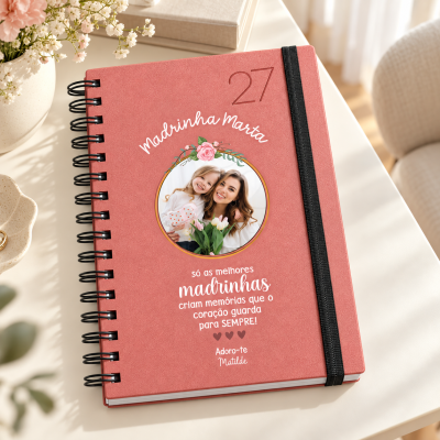 Caderno coral com capa personalizada para madrinha Marta e fotografia de duas mulheres