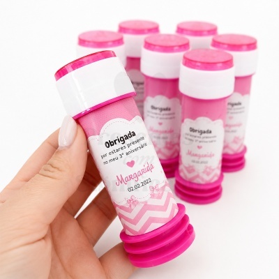 Tubos cor-de-rosa personalizados para festa com agradecimento do aniversário de Margarida