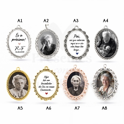 Oito medalhões ovais metálicos com molduras decorativas e imagens ou textos em português.