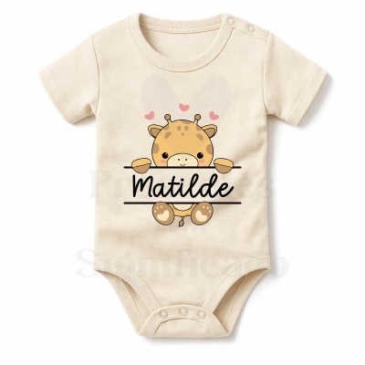 Body bege de bebé com estampa de girafa e o nome Matilde.
