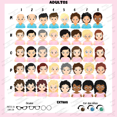 Diversos avatares adultos com variações de cabelo, pele, olhos e óculos em fundo rosa.
