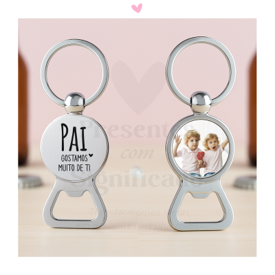 Porta-chaves metálicos com abridor, texto para pai e foto de crianças, fundo rosa