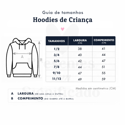 Guia de tamanhos de hoodies de criança com tabela de medidas