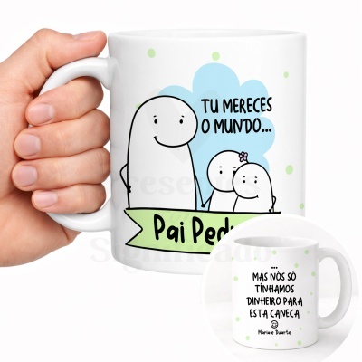 Caneca branca com desenho e texto para Pai Pedro em português.