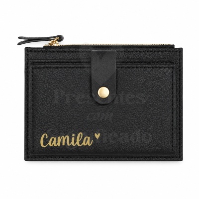 Carteira preta com texto dourado Camila