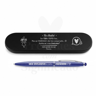 Estojo preto e caneta azul com texto para padrinho