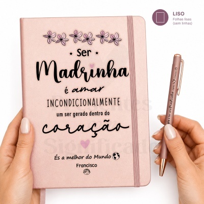 Caderno rosa com texto sobre madrinha e caneta rosa com texto ao lado