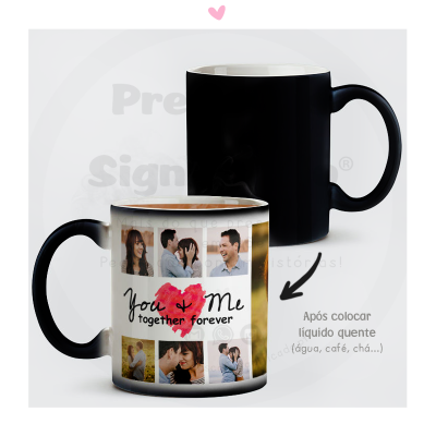 Duas canecas, uma preta e outra com fotos e texto revelado ao colocar líquido quente