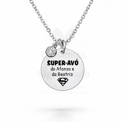 Colar com pendente redondo prateado e pequeno pendente com pedra transparente