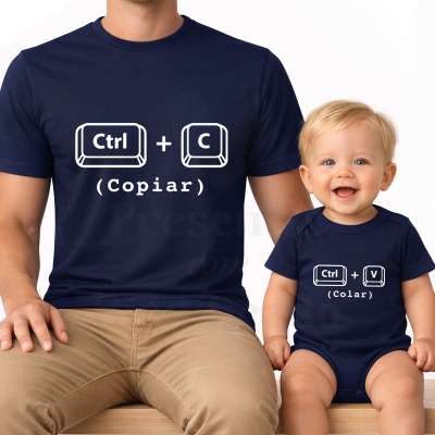 Pai e bebé com t-shirts azuis com texto Ctrl + C (Copiar) e Ctrl + V (Colar)