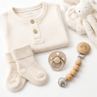 Conjunto de roupa de bebé creme com camisola, meias, chupeta, clip de chupeta de madeira e brinquedo de peluche