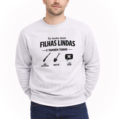 Sweatshirt cinzenta com texto e ilustrações a preto