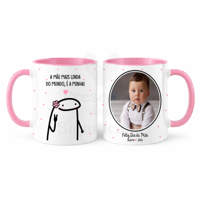 Caneca com decoração rosa e branca com mensagem para o dia da mãe e foto de bebé.