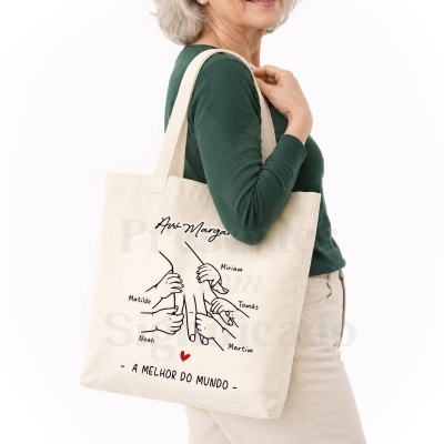 Mala tote de tecido bege com impressão personalizada e alças largas