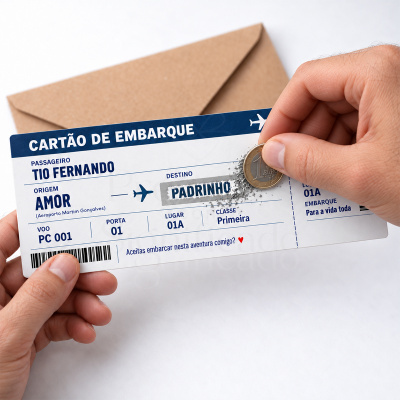 Cartão de embarque personalizado com texto em português e uma moeda a riscar o texto