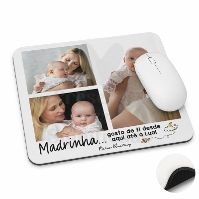 Tapete de rato branco com fotos e texto personalizado para madrinha