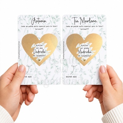 Cartas decorativas pergutando para ser padrinho e madrinha de casamento com coração dourado para raspar.