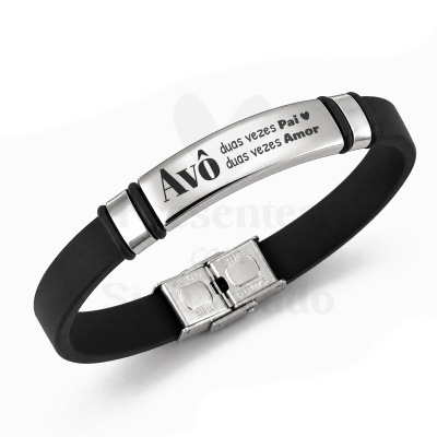 Pulseira preta com placa metálica com texto gravado para avô