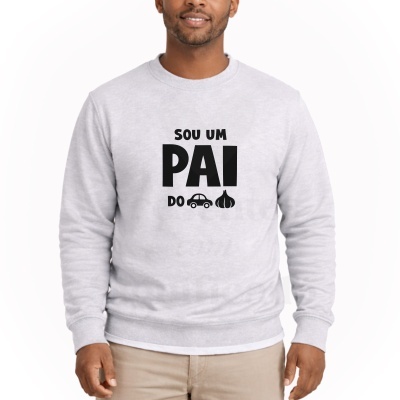 Sweatshirt cinzenta clara com texto e ícones a preto