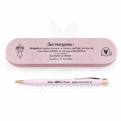 Estojo rosa metálico com caneta personalizada para avó