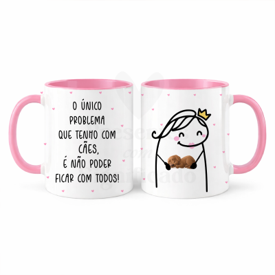 Duas canecas brancas com interior e pega rosa, uma com texto em português sobre cães e outra com desenho de personagem a segurar cão.