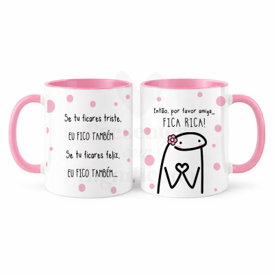 Duas canecas com interior e pega rosa, decoradas com pontos rosa e texto em português com mensagem para amiga.