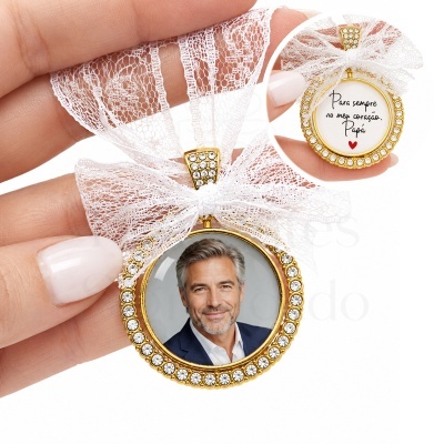 Pendente redondo dourado com cristais e fotografia e mensagem para Papá