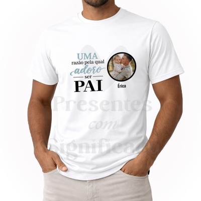 T-shirt branca com texto e foto personalizada de pai e filha