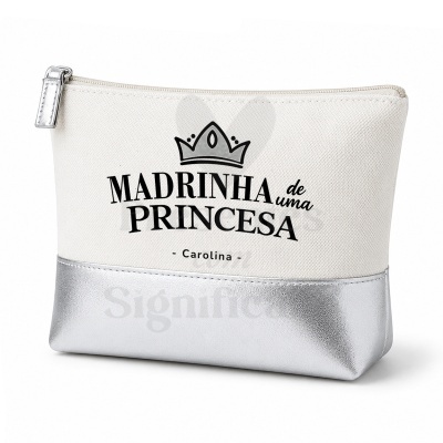 Necessaire branca e prateada com texto e coroa
