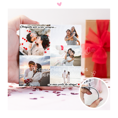 Cubos de madeira personalizados com fotos de casais e texto em português